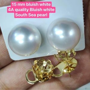 15 mm Bluish White authentic 4A South Sea pearls in 14k yellow gold setting.